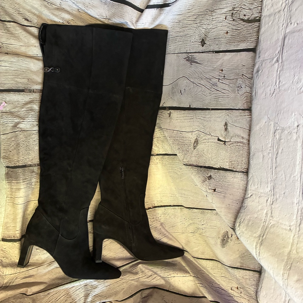 Quiet Luxury Minimalist Equestrian Black Suede OTK Block Heel Wide Calf Boots 8